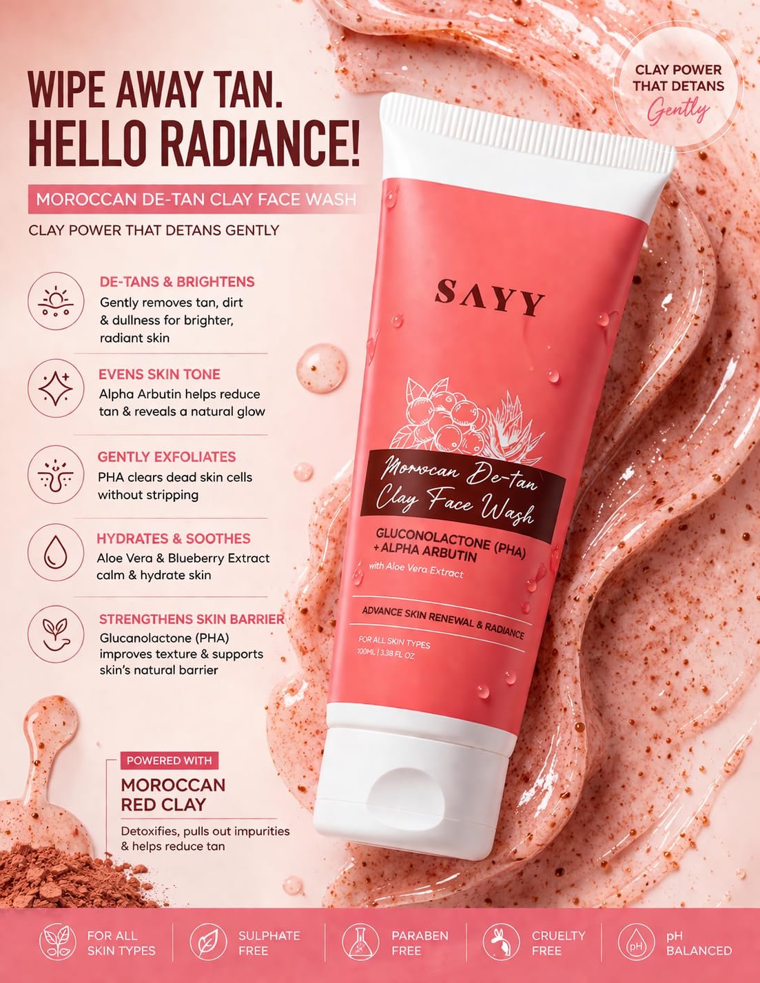 SAYY Moroccan De-Tan Clay Face Wash, Tan Removal, Deep Cleansing and Skin - Image 3