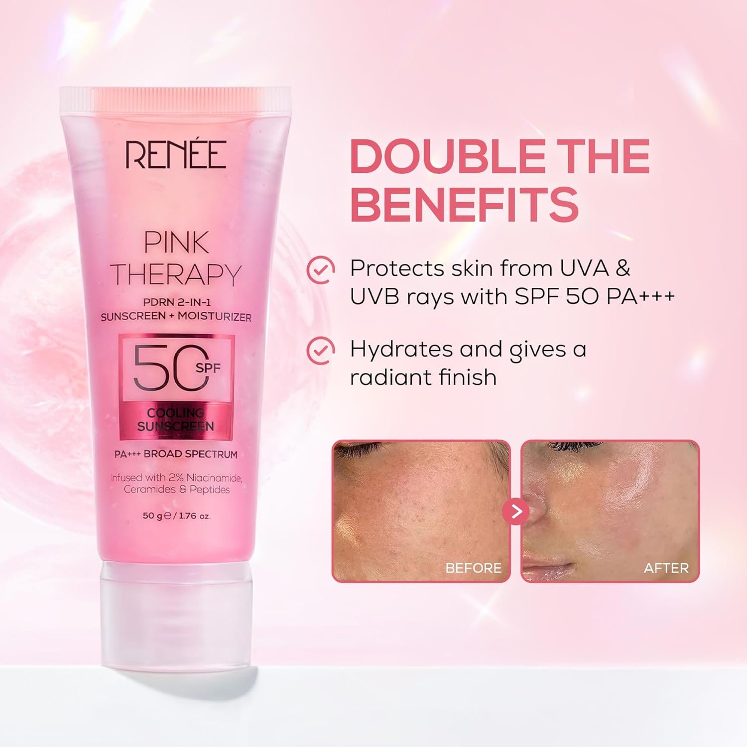 RENEE Pink Therapy PDRN 2-in-1 Sunscreen + Moisturizer SPF 50 PA+++ | In-Vivo Tested - Image 3