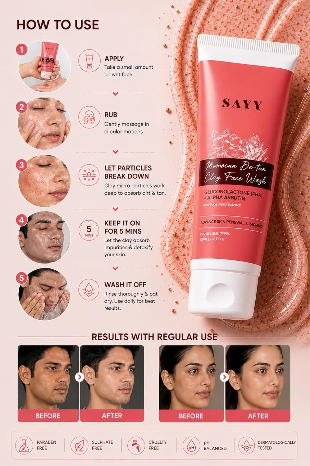 SAYY Moroccan De-Tan Clay Face Wash, Tan Removal, Deep Cleansing and Skin - Image 4