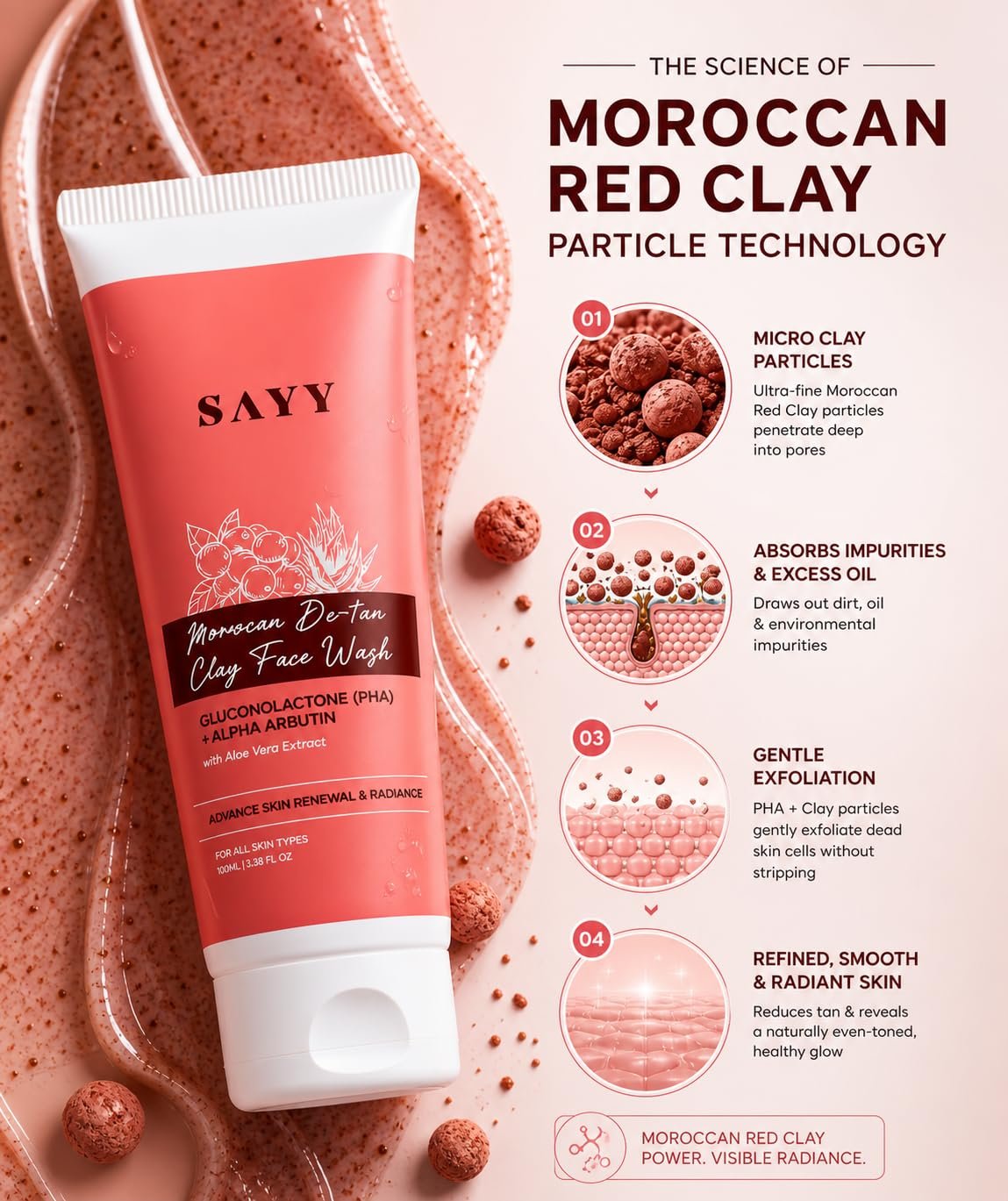 SAYY Moroccan De-Tan Clay Face Wash, Tan Removal, Deep Cleansing and Skin - Image 2