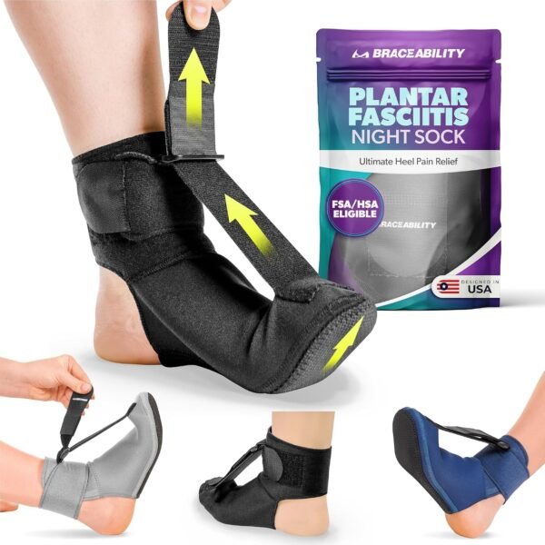 BraceAbility Plantar Fasciitis Night Splint Sock - Soft Plantar Fascia Brace for Sleeping, Achilles Tendonitis, Foot Drop, Heel Pain - Plantar Fasciitis Relief Night Splint for Women and Men (Small)